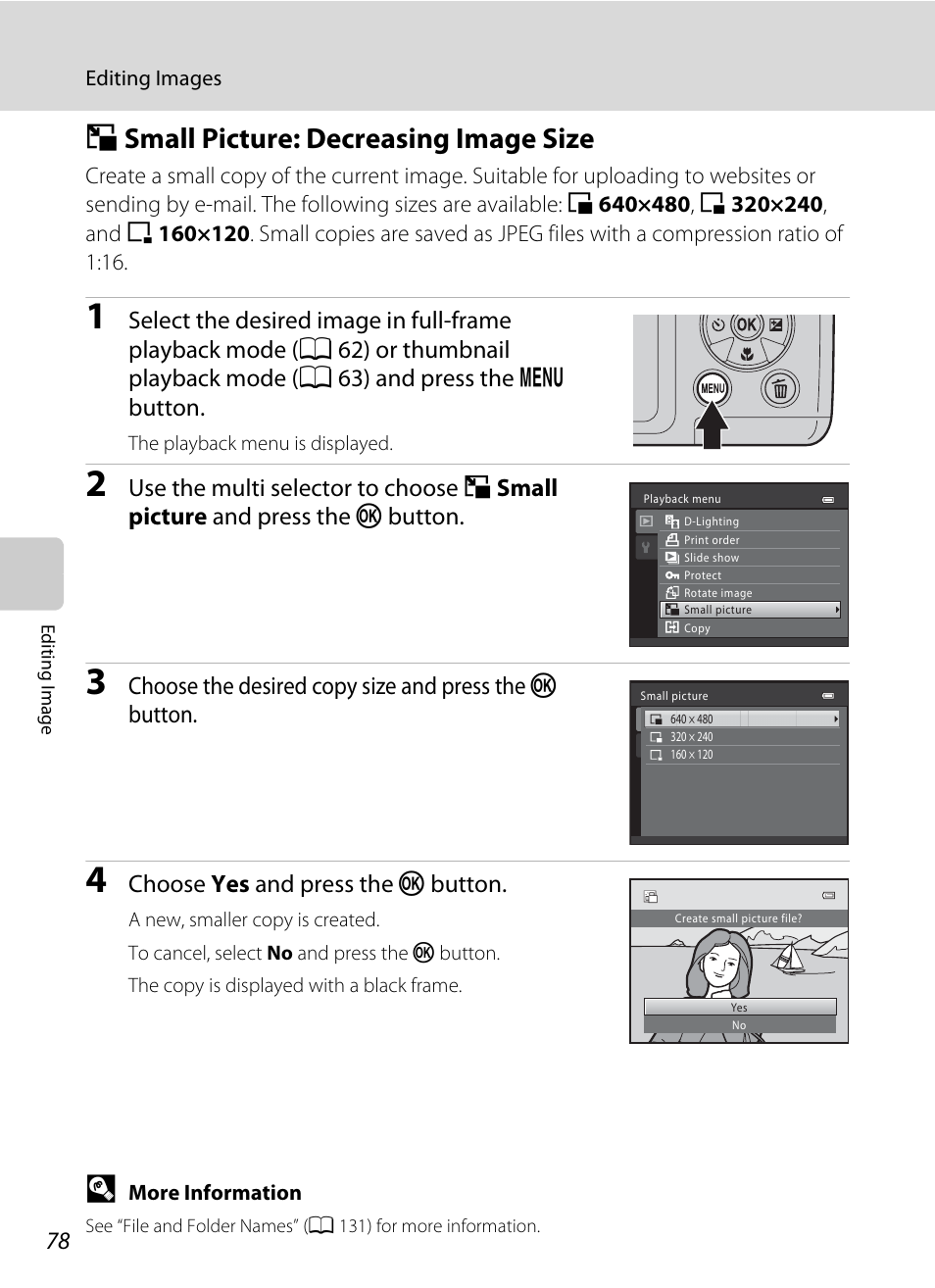 Small picture: decreasing image size, G small picture: decreasing image size, A 78 | A 78), Choose yes and press the k button | Nikon L310 User Manual | Page 90 / 164