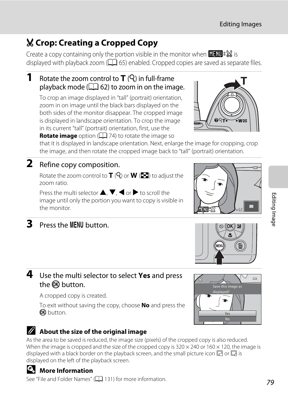 Crop: creating a cropped copy, O crop: creating a cropped copy, A 79) | Nikon L310 User Manual | Page 91 / 164