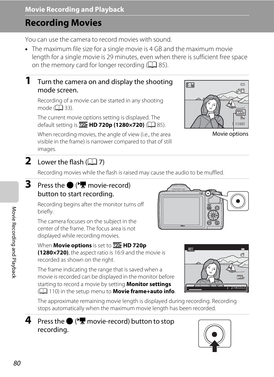 Movie recording and playback, Recording movies | Nikon L310 User Manual | Page 92 / 164