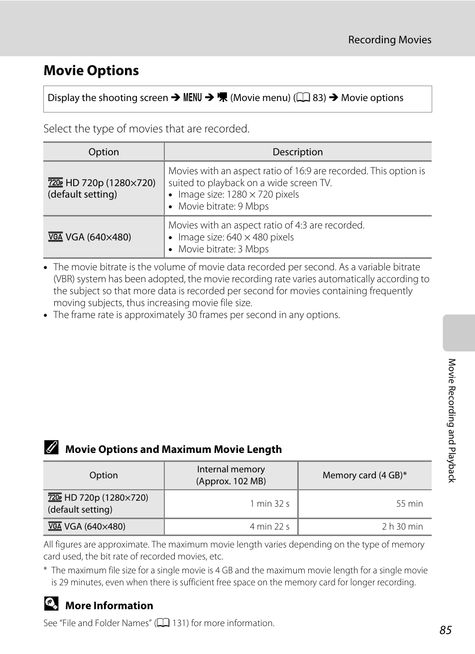 Movie options, A 85, A 85) | Nikon L310 User Manual | Page 97 / 164