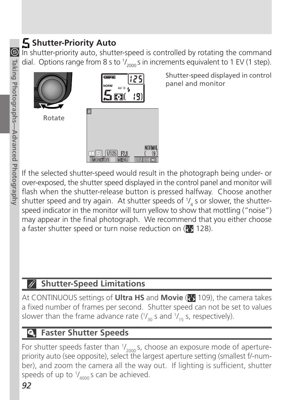 92 shutter-priority auto, Shutter-speed limitations, Faster shutter speeds | Nikon 5000 User Manual | Page 106 / 223