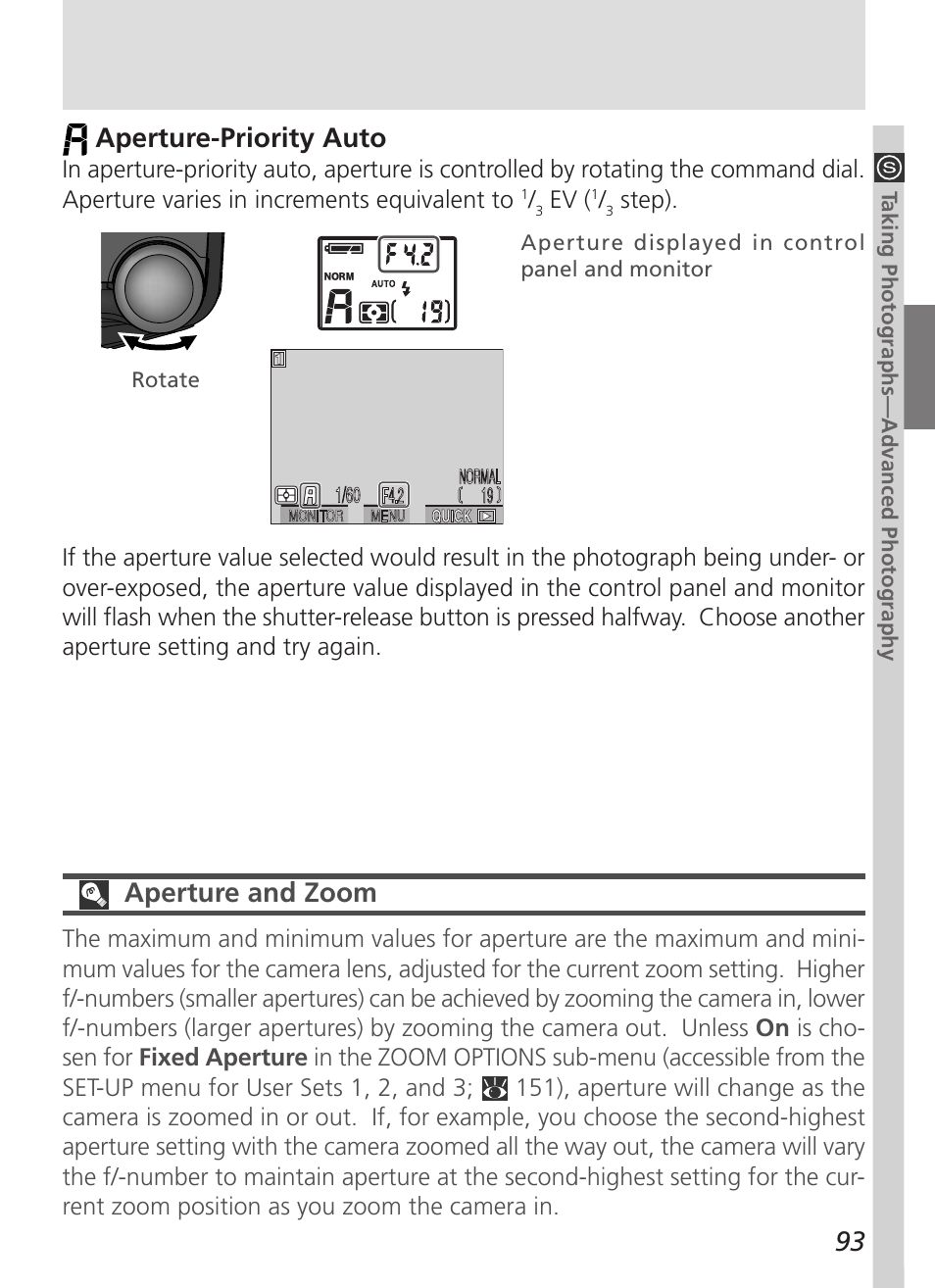 93 aperture-priority auto, Aperture and zoom | Nikon 5000 User Manual | Page 107 / 223