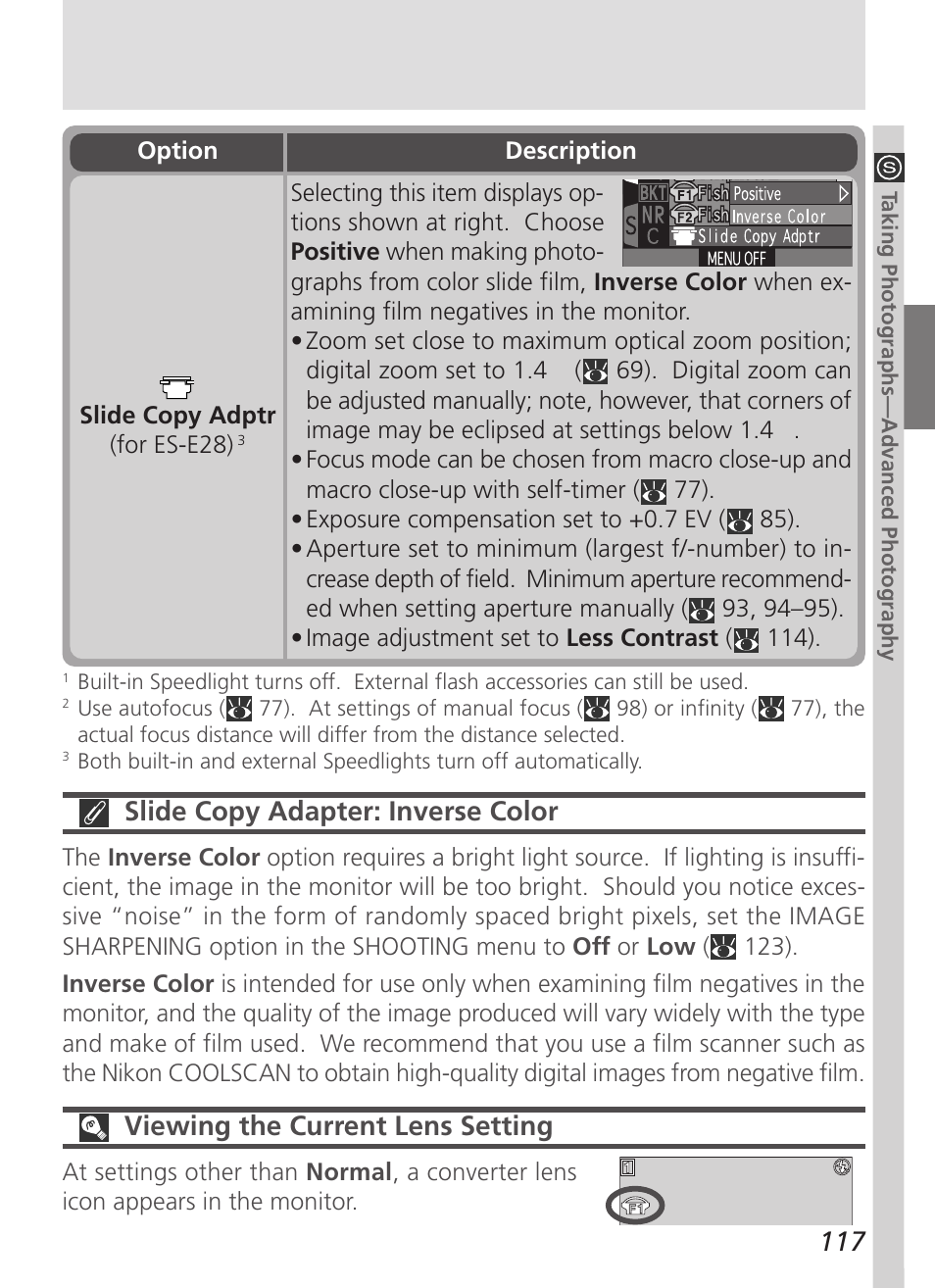Slide copy adapter: inverse color, Viewing the current lens setting | Nikon 5000 User Manual | Page 131 / 223