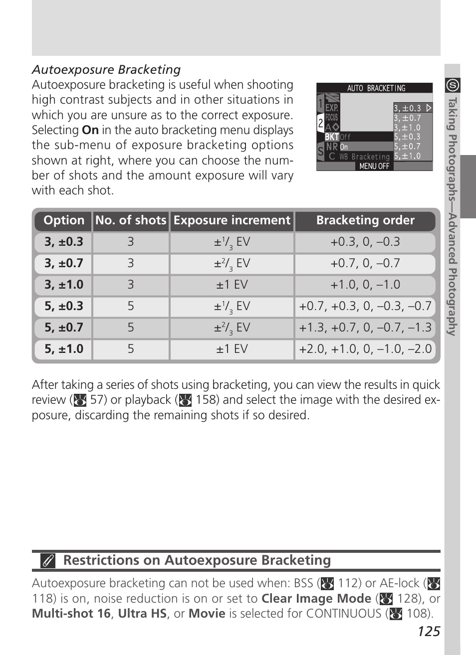 Restrictions on autoexposure bracketing | Nikon 5000 User Manual | Page 139 / 223
