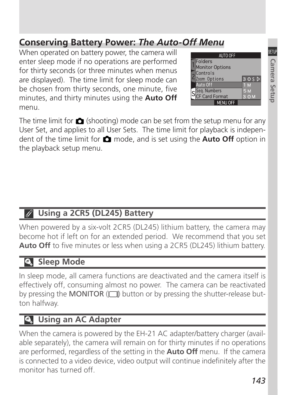 Conserving battery power: the auto-off menu | Nikon 5000 User Manual | Page 157 / 223