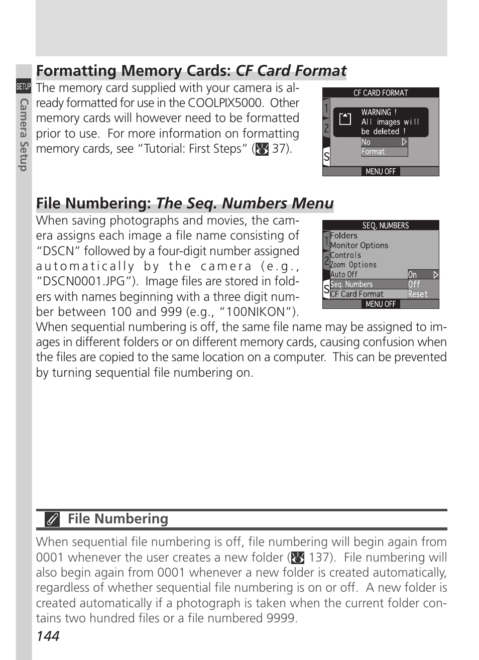 File numbering: the seq. numbers menu | Nikon 5000 User Manual | Page 158 / 223
