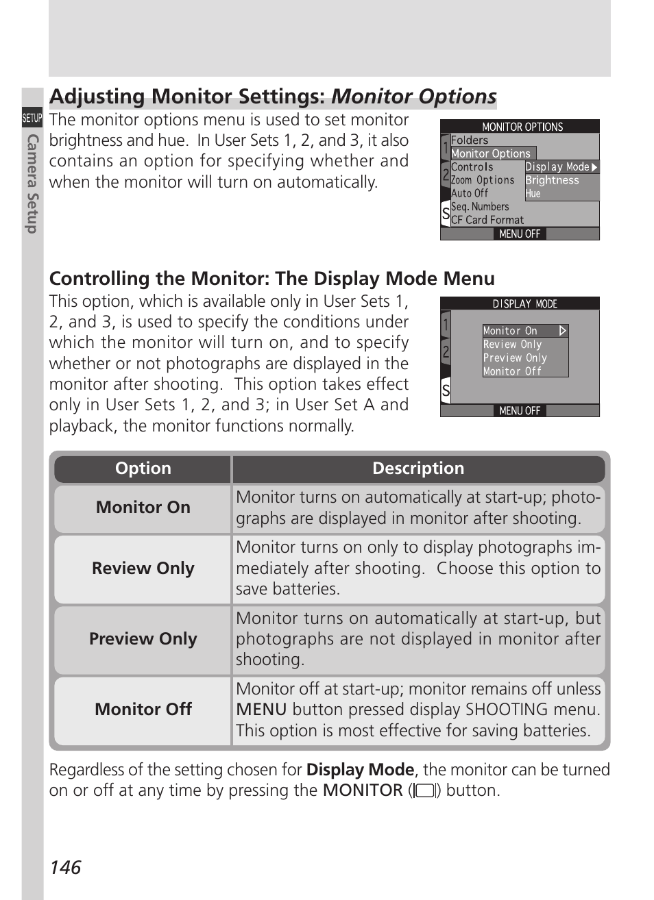 Adjusting monitor settings: monitor options | Nikon 5000 User Manual | Page 160 / 223