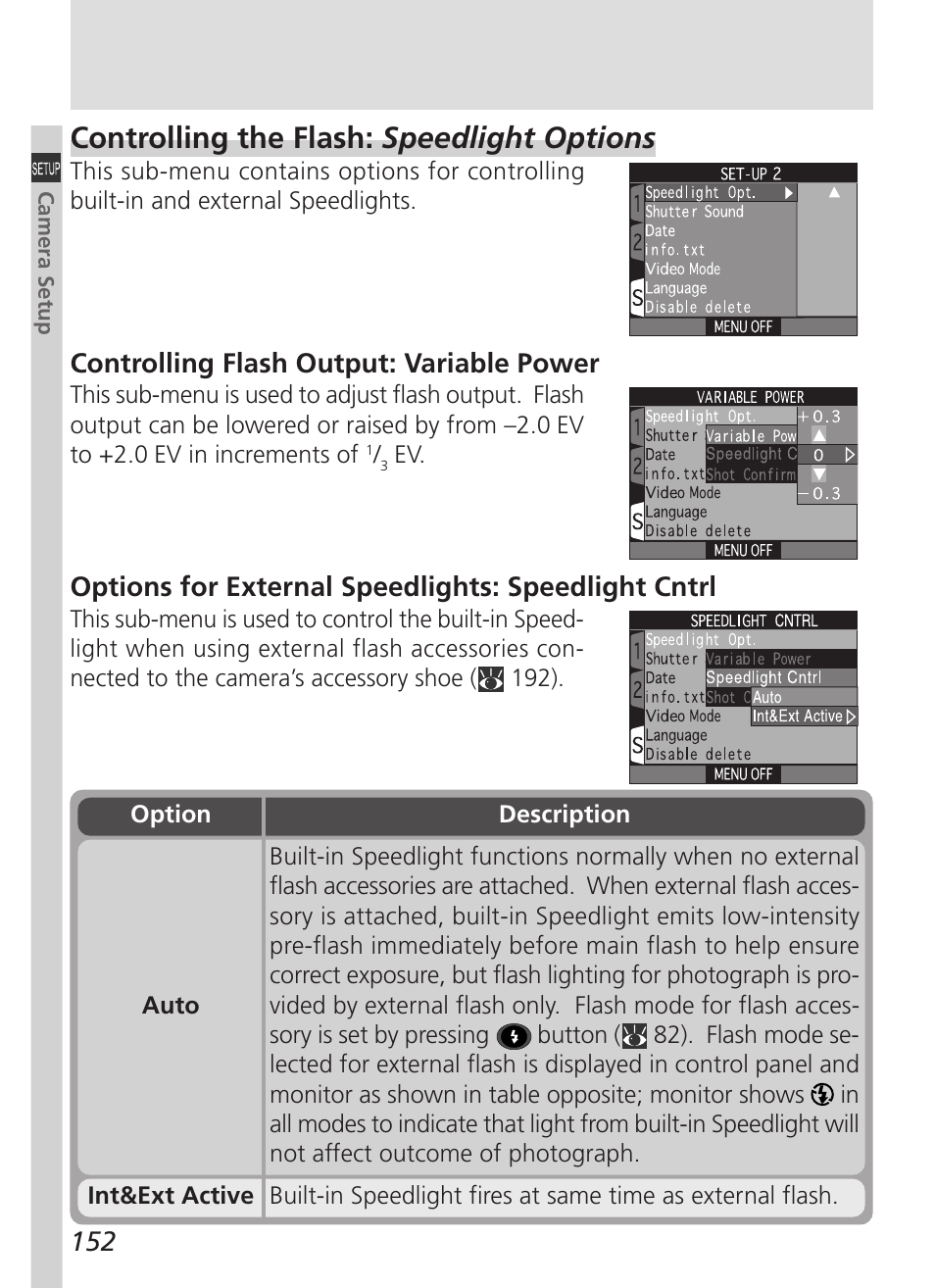 Controlling the flash: speedlight options, Controlling flash output: variable power, Options for external speedlights: speedlight cntrl | Nikon 5000 User Manual | Page 166 / 223