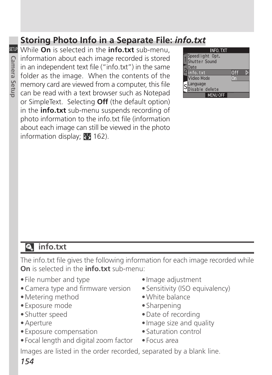 Storing photo info in a separate file: info.txt | Nikon 5000 User Manual | Page 168 / 223
