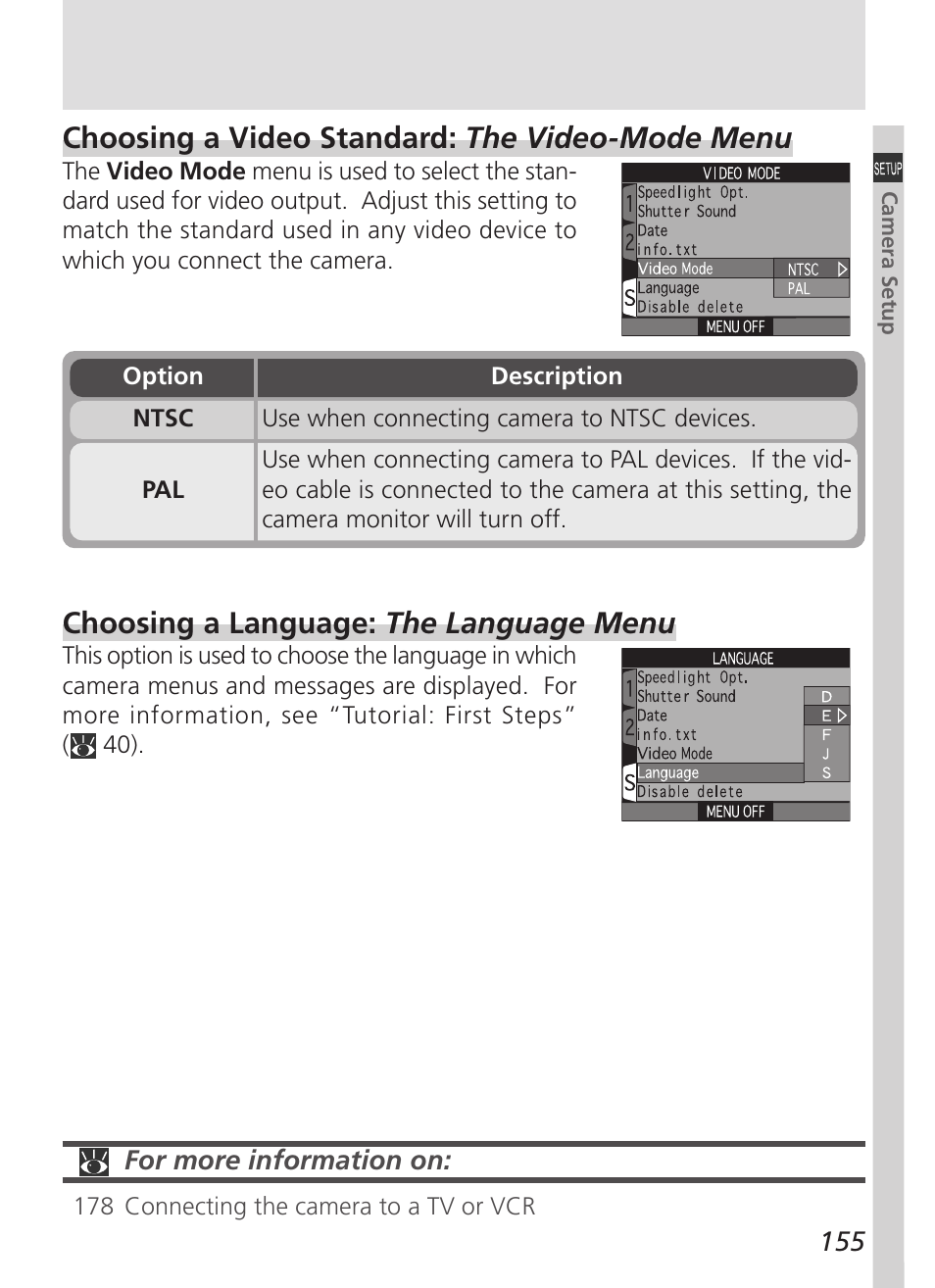 Choosing a video standard: the video-mode menu, Choosing a language: the language menu | Nikon 5000 User Manual | Page 169 / 223