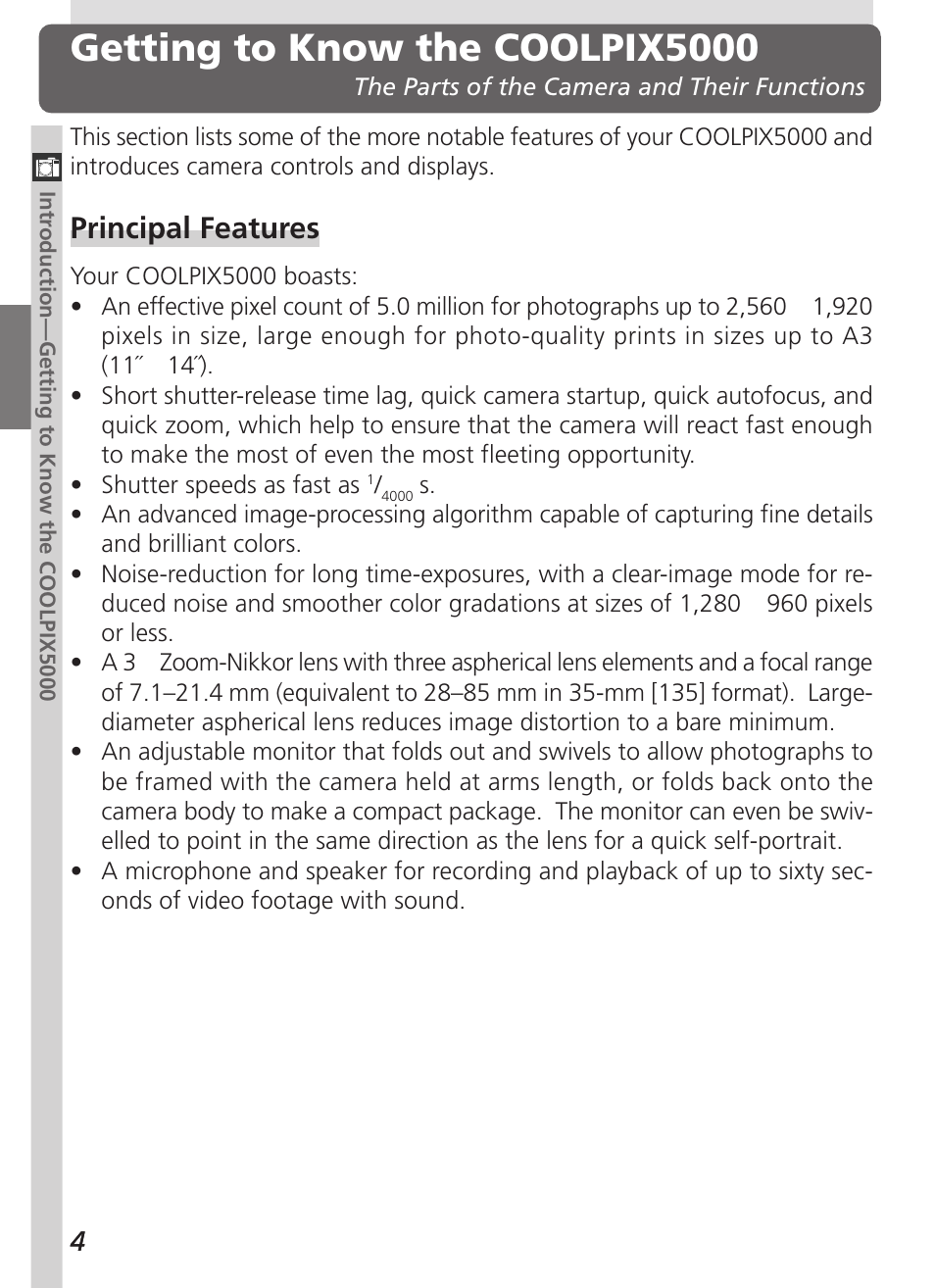 Getting to know the coolpix5000, Principal features | Nikon 5000 User Manual | Page 18 / 223