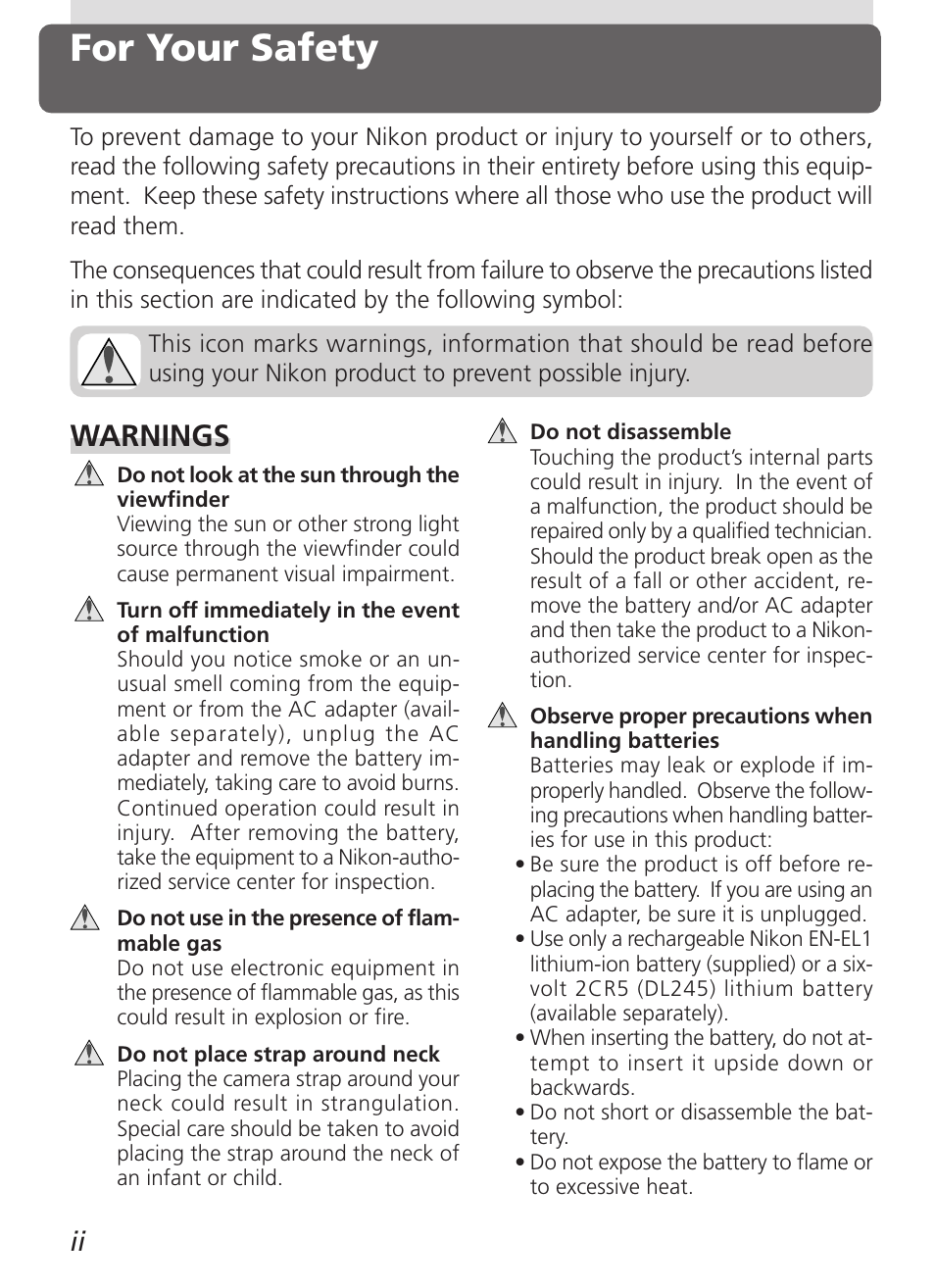 For your safety, Warnings | Nikon 5000 User Manual | Page 2 / 223