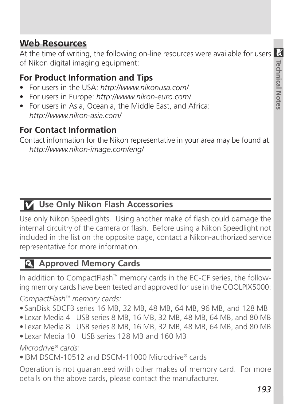 Web resources, For product information and tips, For contact information | Use only nikon flash accessories | Nikon 5000 User Manual | Page 207 / 223