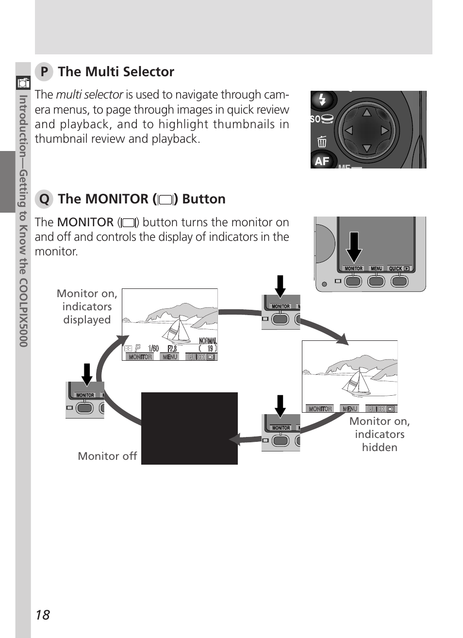 P the multi selector, Q the monitor ( ) button | Nikon 5000 User Manual | Page 32 / 223