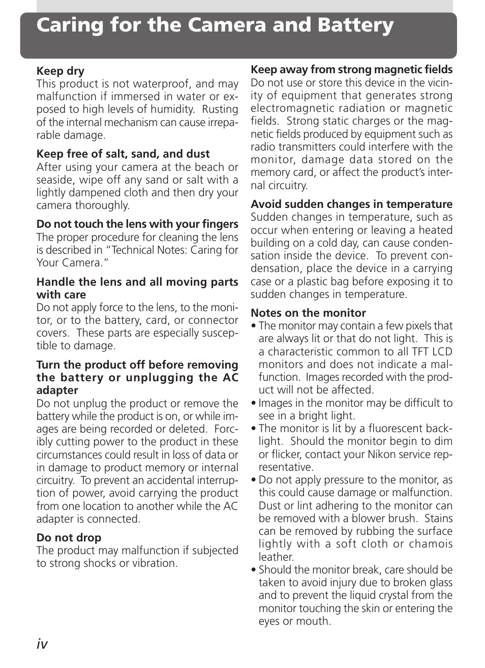 Caring for the camera and battery | Nikon 5000 User Manual | Page 4 / 223