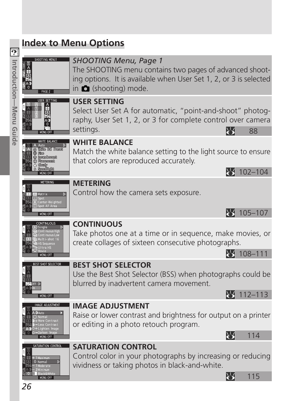 Index to menu options | Nikon 5000 User Manual | Page 40 / 223