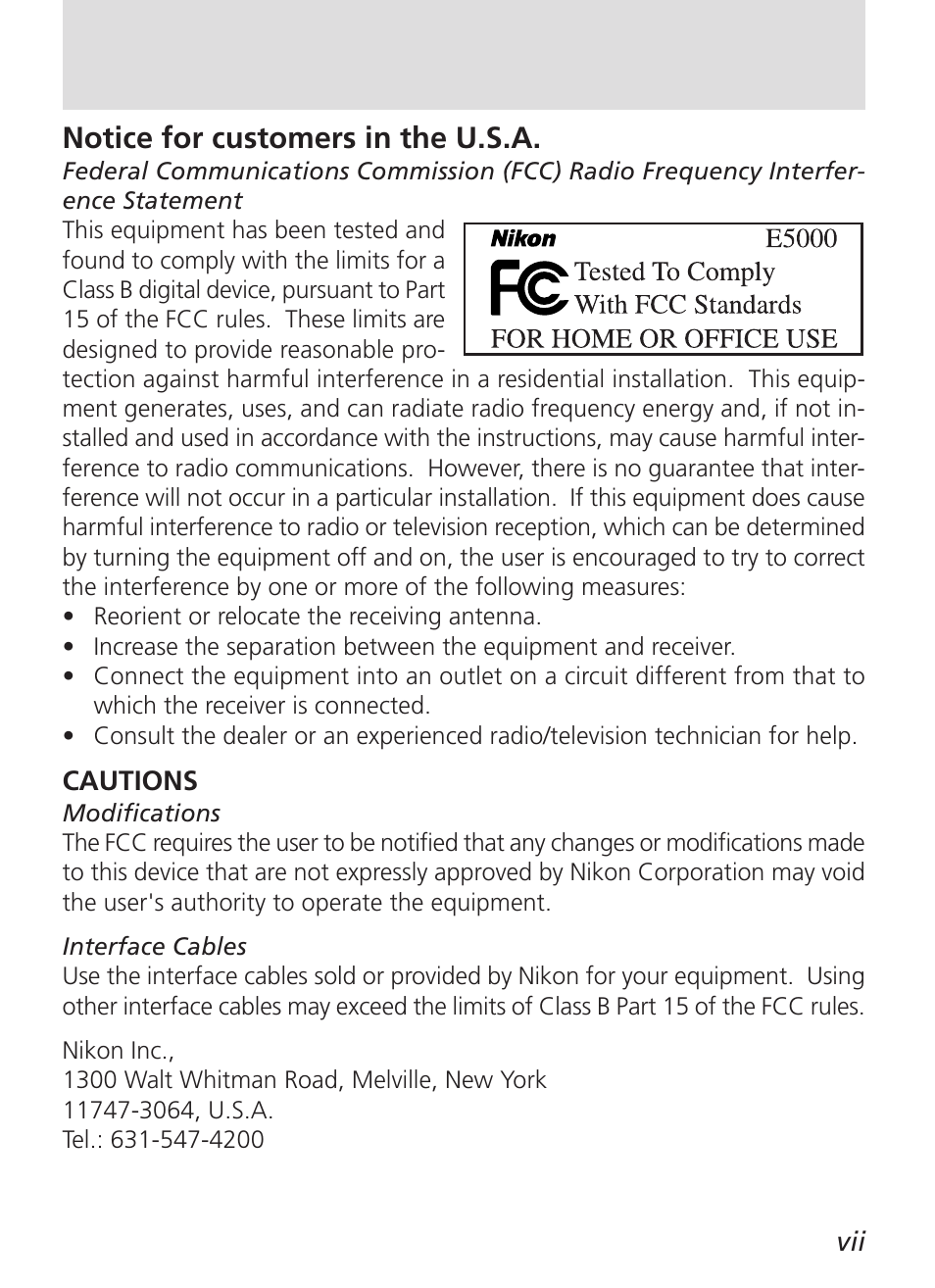 Notice for customers in the u.s.a | Nikon 5000 User Manual | Page 7 / 223
