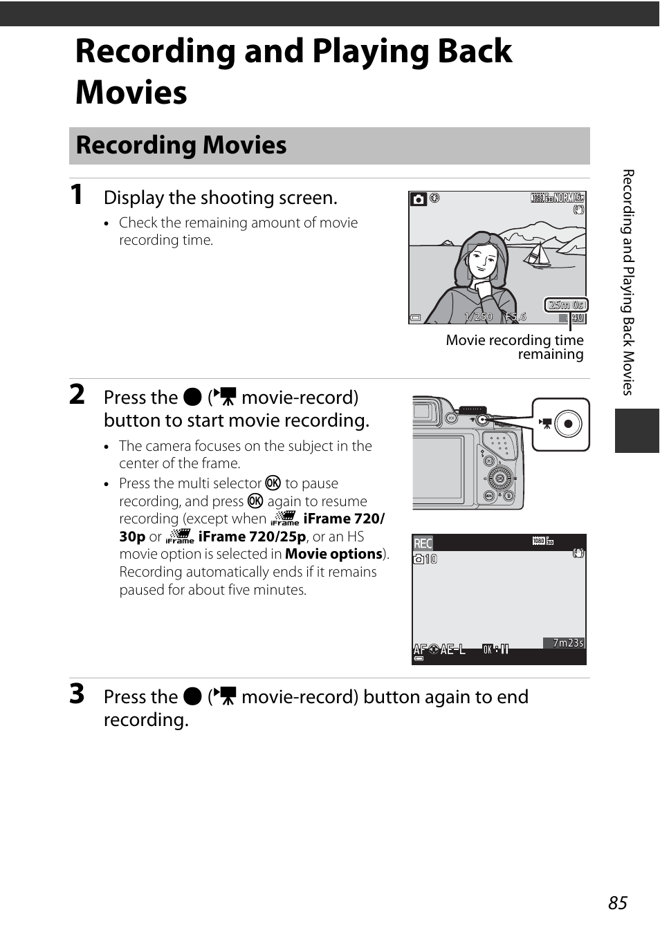 Recording and playing back movies, Recording movies, Display the shooting screen | Nikon P530 User Manual | Page 103 / 226