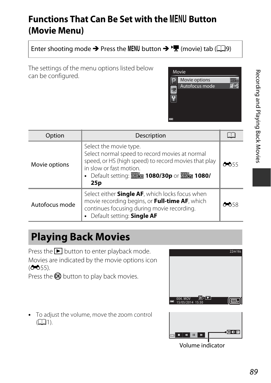 Playing back movies, Functions that can be set with the, D button (movie menu) | A89), A89) se | Nikon P530 User Manual | Page 107 / 226