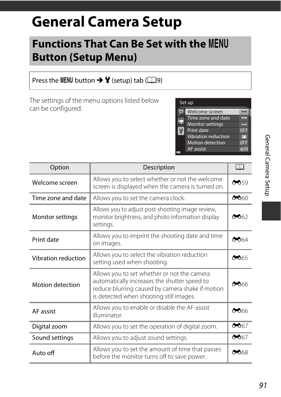 General camera setup, Functions that can be set with the, D button (setup menu) | A91), us, A91), A91) to, Ction | Nikon P530 User Manual | Page 109 / 226