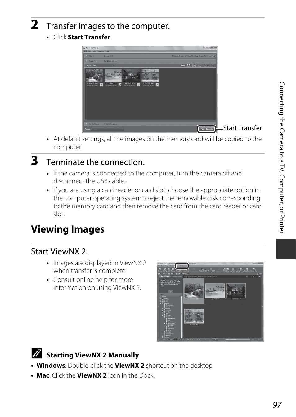 Viewing images, Transfer images to the computer, Terminate the connection | Start viewnx 2 | Nikon P530 User Manual | Page 115 / 226