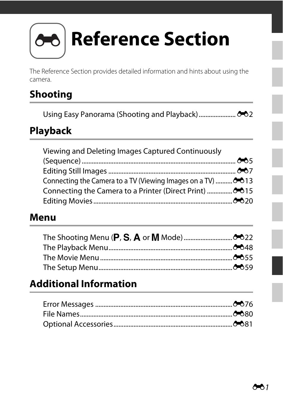 Reference section, Shooting, Playback | Menu, Additional information | Nikon P530 User Manual | Page 117 / 226