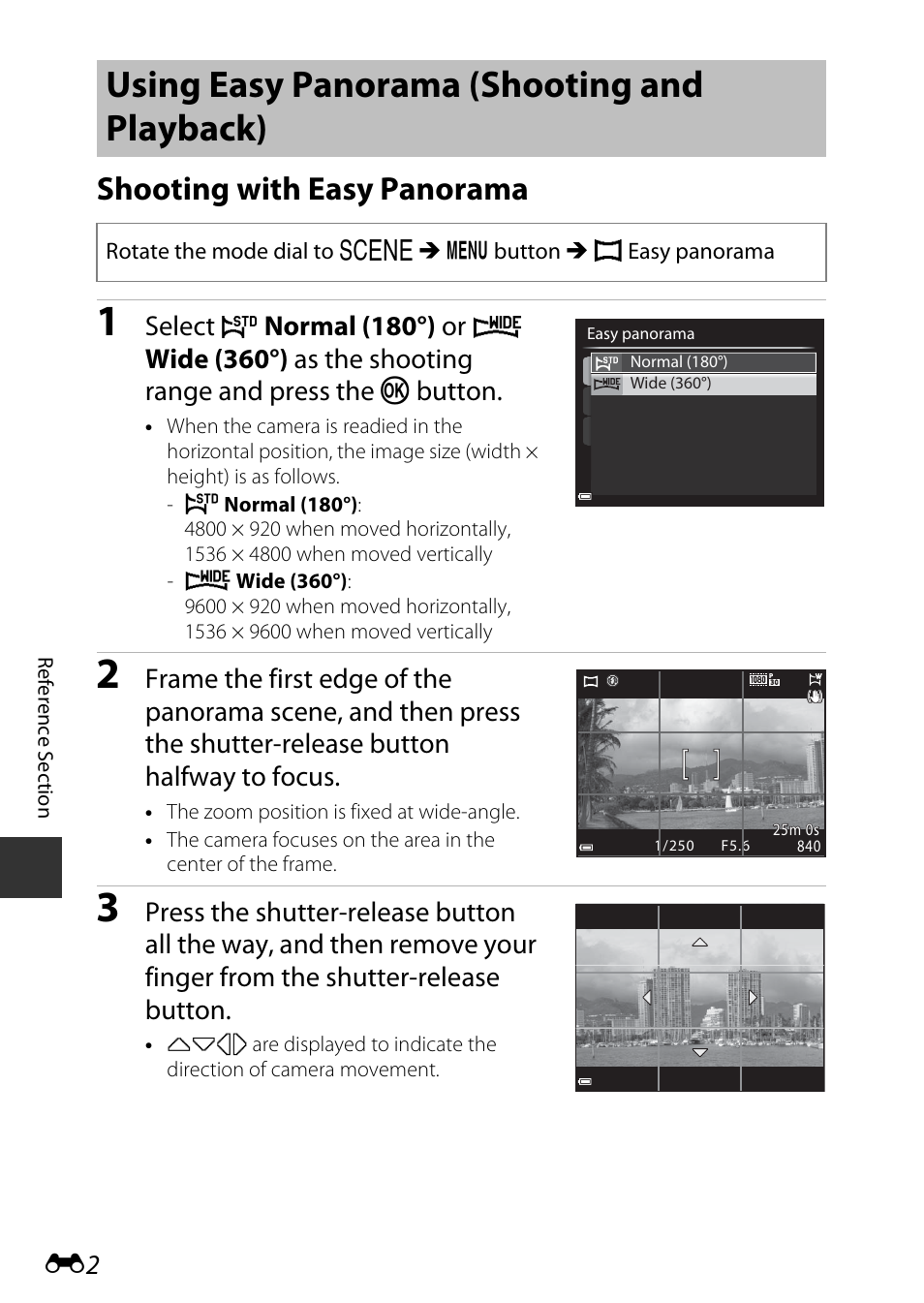 Using easy panorama (shooting and playback), Shooting with easy panorama, Select | Normal (180°) or | Nikon P530 User Manual | Page 118 / 226