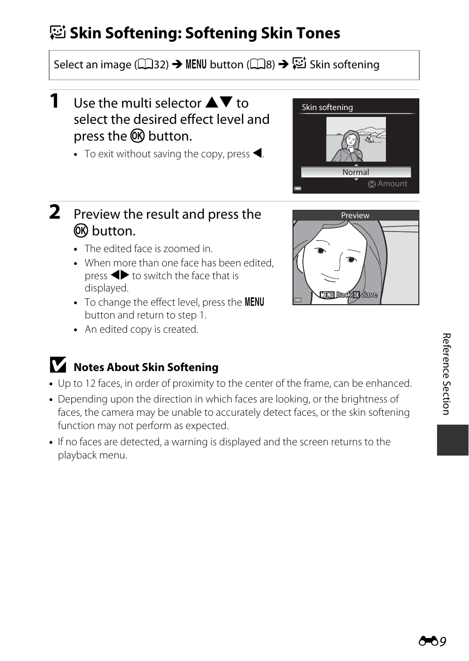 Skin softening: softening skin tones, E skin softening: softening skin tones, Preview the result and press the k button | Nikon P530 User Manual | Page 125 / 226