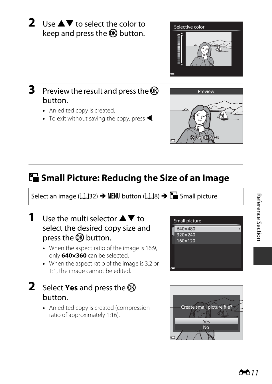 Small picture: reducing the size of an image, G small picture: reducing the size of an image, Preview the result and press the k button | Select yes and press the k button | Nikon P530 User Manual | Page 127 / 226