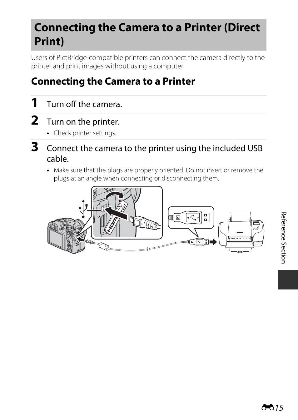 Connecting the camera to a printer (direct print), Connecting the camera to a printer | Nikon P530 User Manual | Page 131 / 226