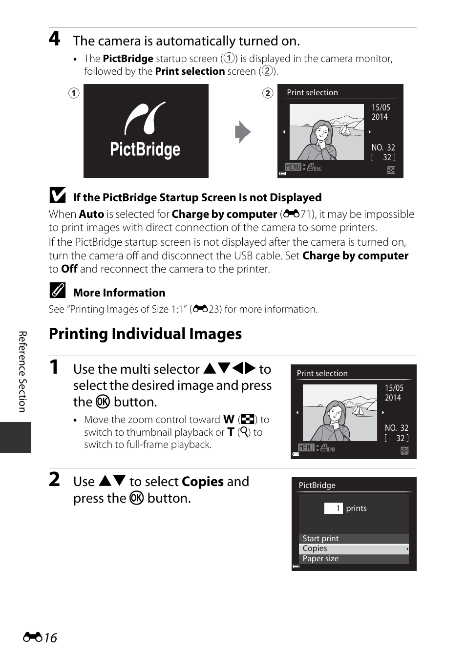 Printing individual images, The camera is automatically turned on, Use hi to select copies and press the k button | Nikon P530 User Manual | Page 132 / 226