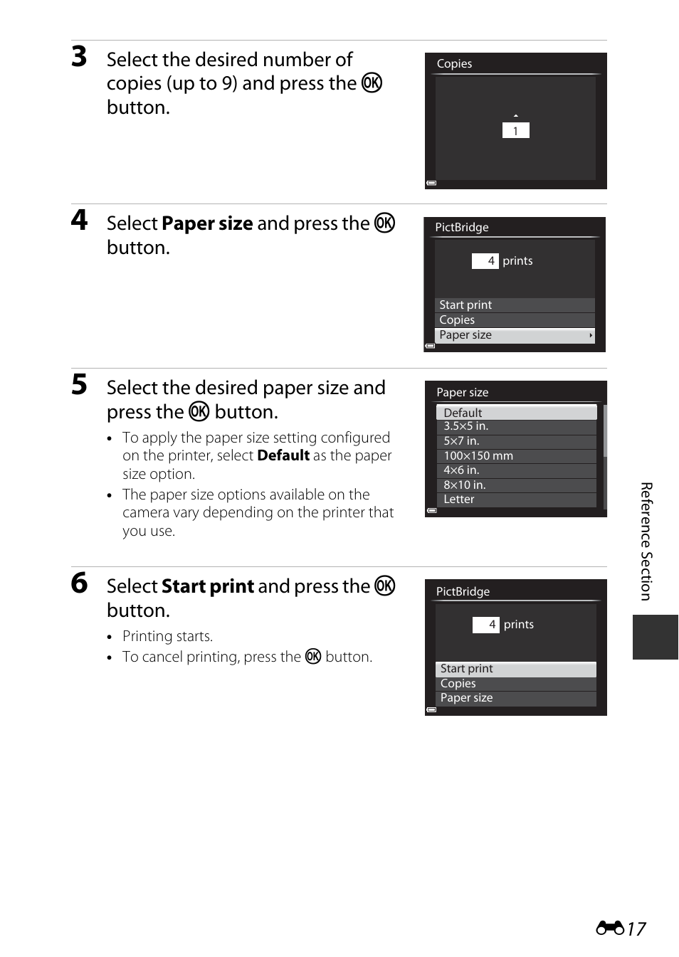 Select paper size and press the k button, Select start print and press the k button | Nikon P530 User Manual | Page 133 / 226