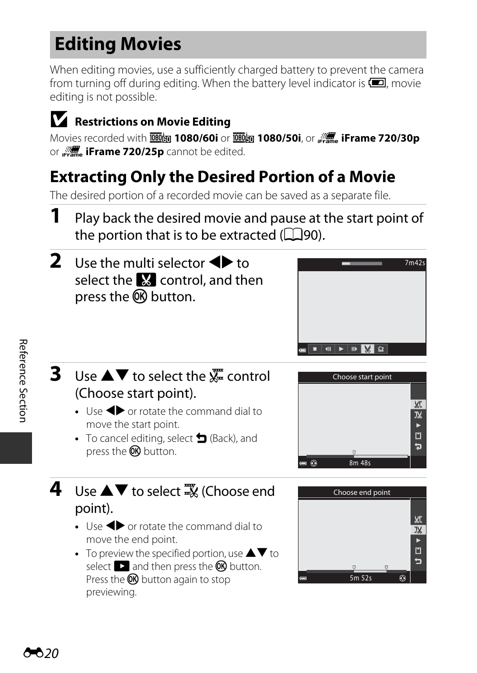 Editing movies, Extracting only the desired portion of a movie, Use hi to select k (choose end point) | Nikon P530 User Manual | Page 136 / 226