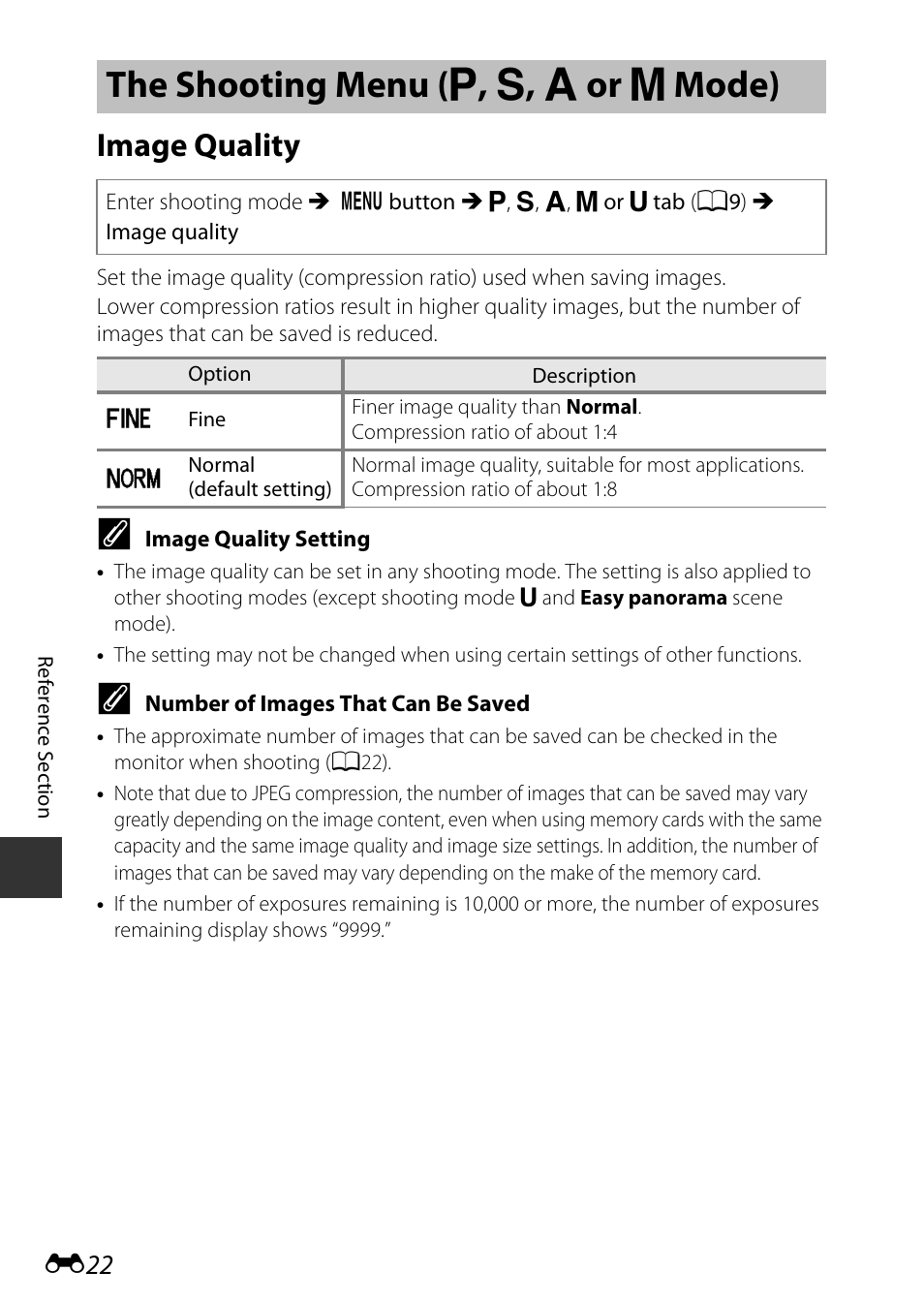 The shooting menu (p, s, a or m mode), Image quality, The shooting menu | J, k, l or m mode), The shooting menu ( j , k , l or m mode) | Nikon P530 User Manual | Page 138 / 226