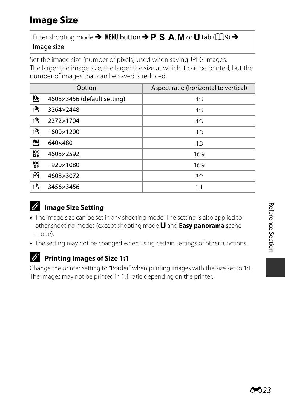 Image size, Printing images of size 1:1, E23) | Nikon P530 User Manual | Page 139 / 226