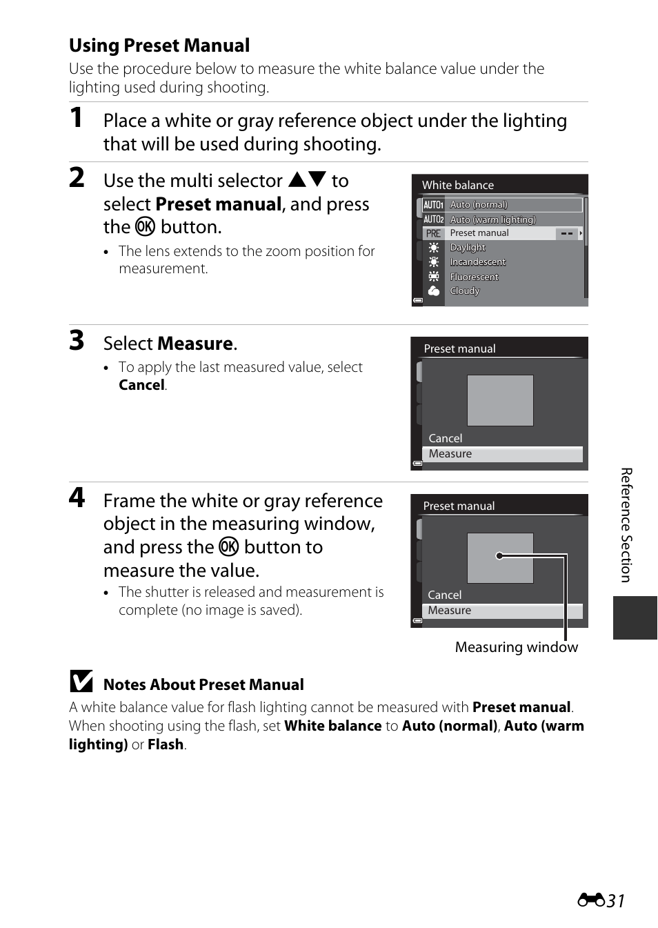 E31), Using preset manual, Select measure | Nikon P530 User Manual | Page 147 / 226