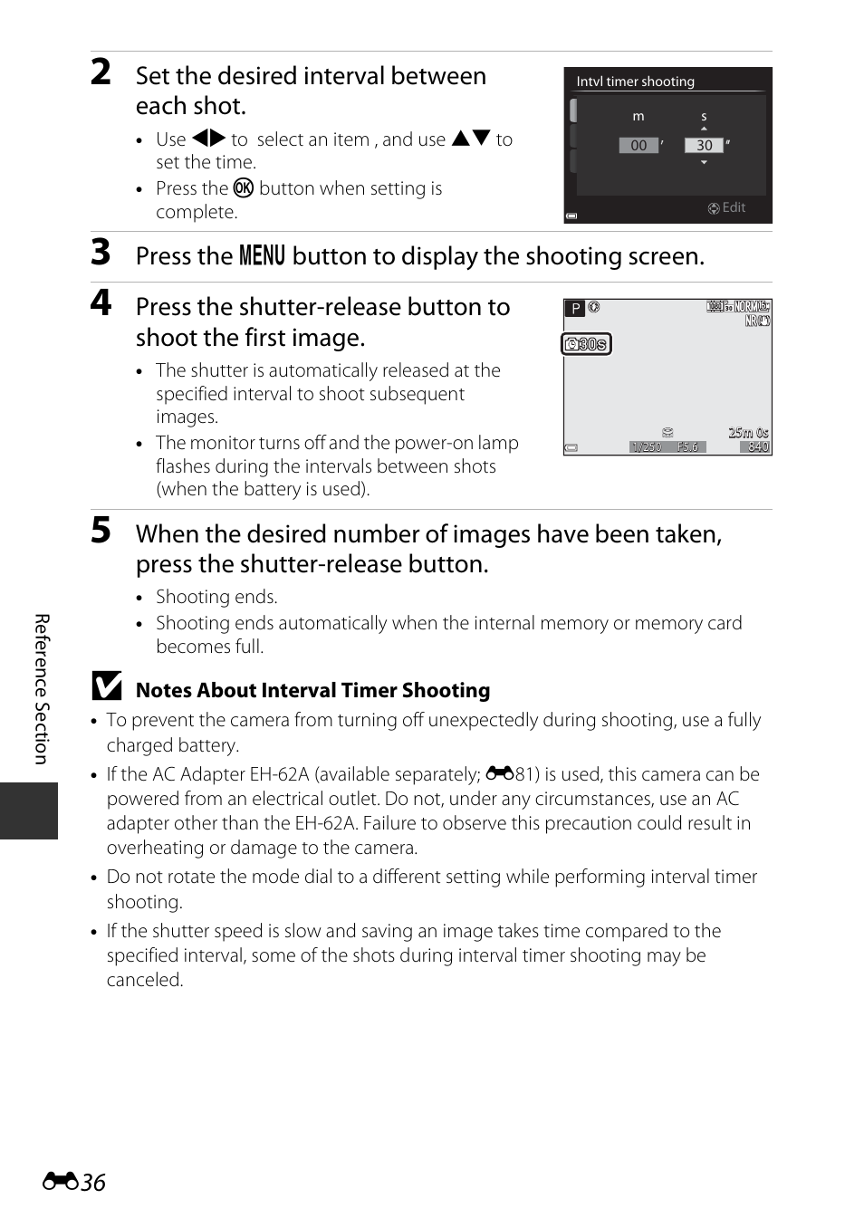 Set the desired interval between each shot, Press the d button to display the shooting screen | Nikon P530 User Manual | Page 152 / 226