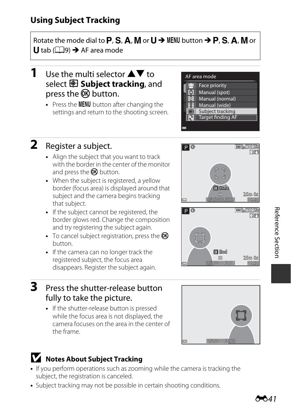 See “using subject tracking, E41), Using subject tracking | Register a subject | Nikon P530 User Manual | Page 157 / 226