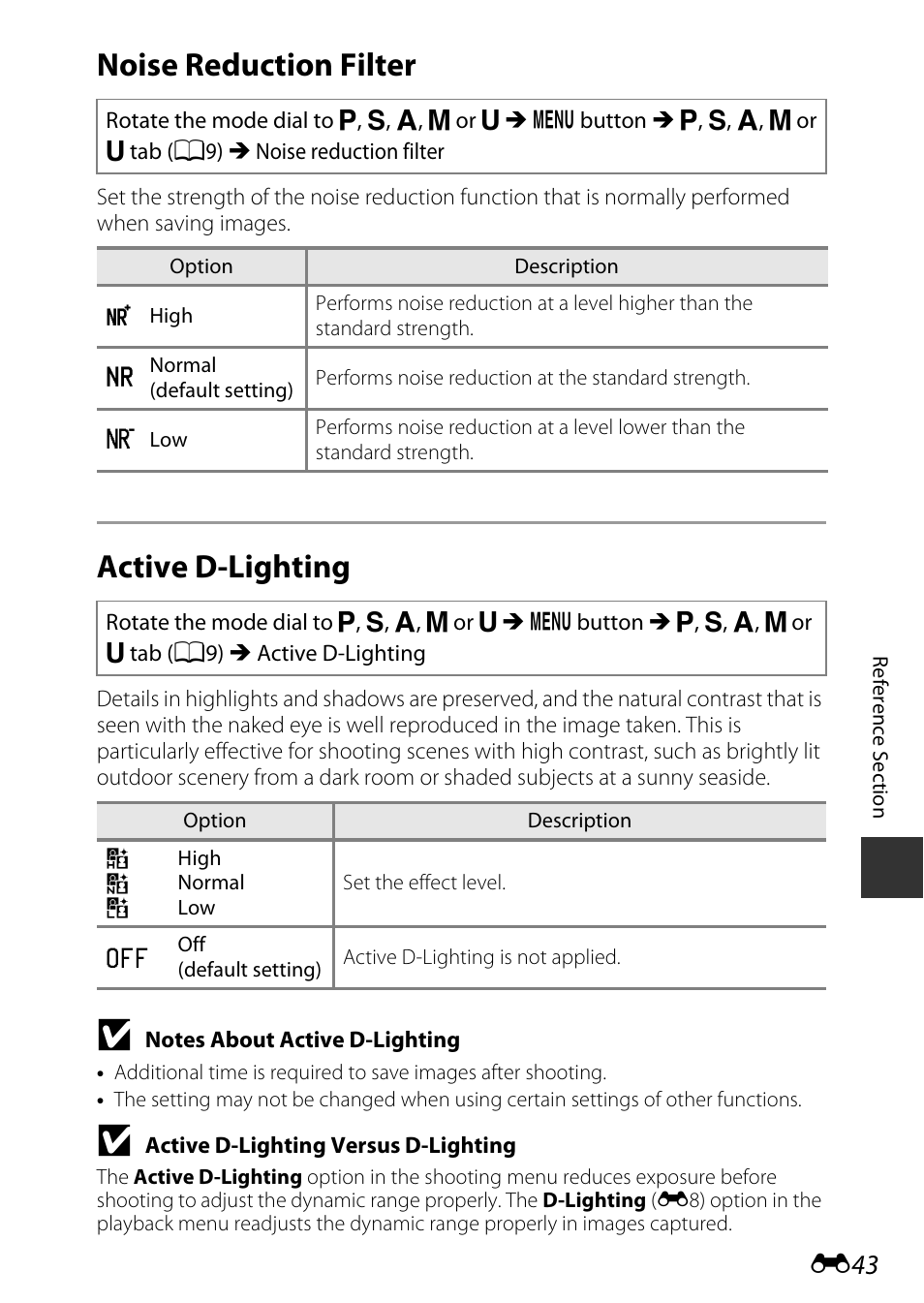 Noise reduction filter, Active d-lighting | Nikon P530 User Manual | Page 159 / 226