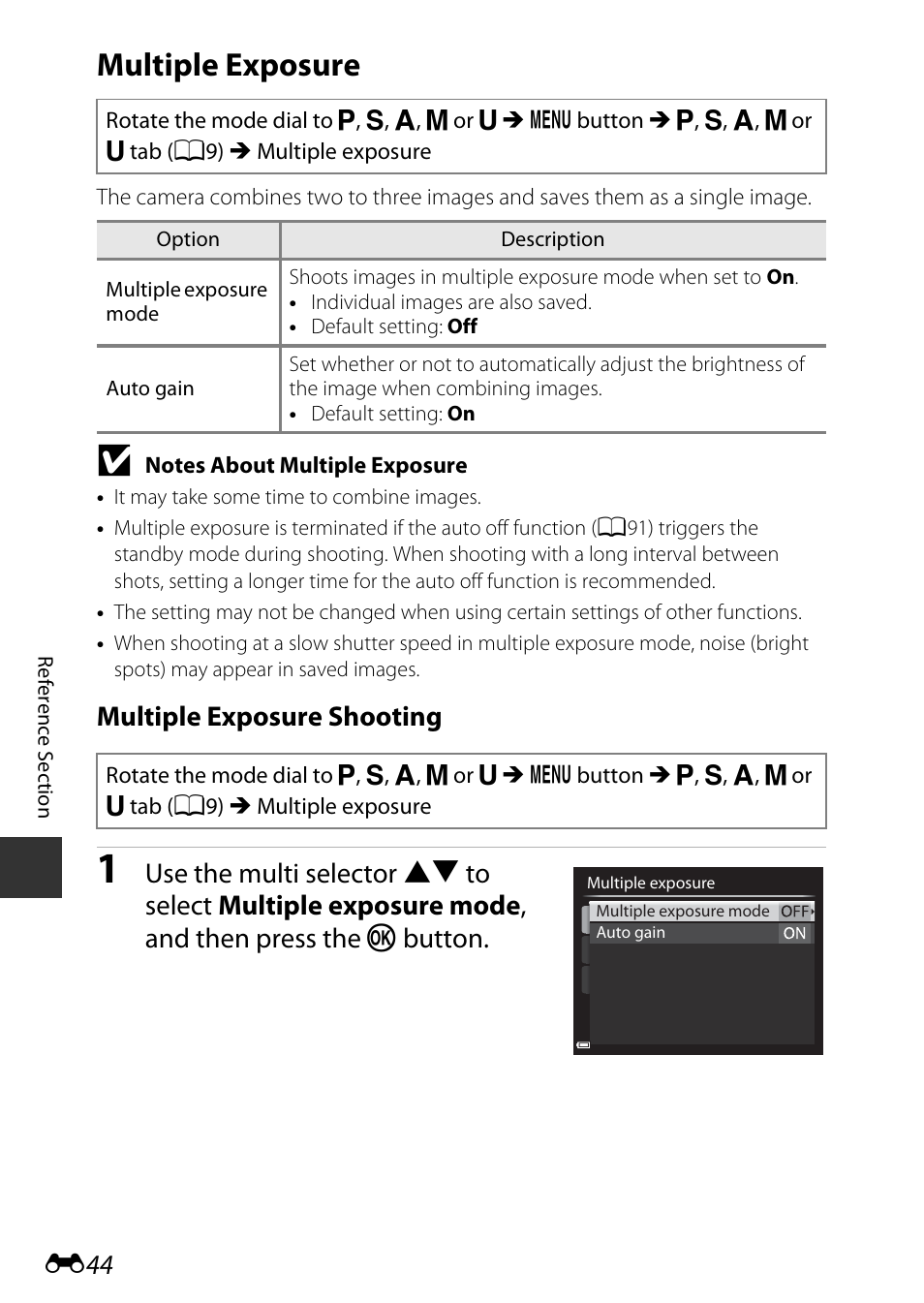 Multiple exposure, Multiple exposure shooting | Nikon P530 User Manual | Page 160 / 226