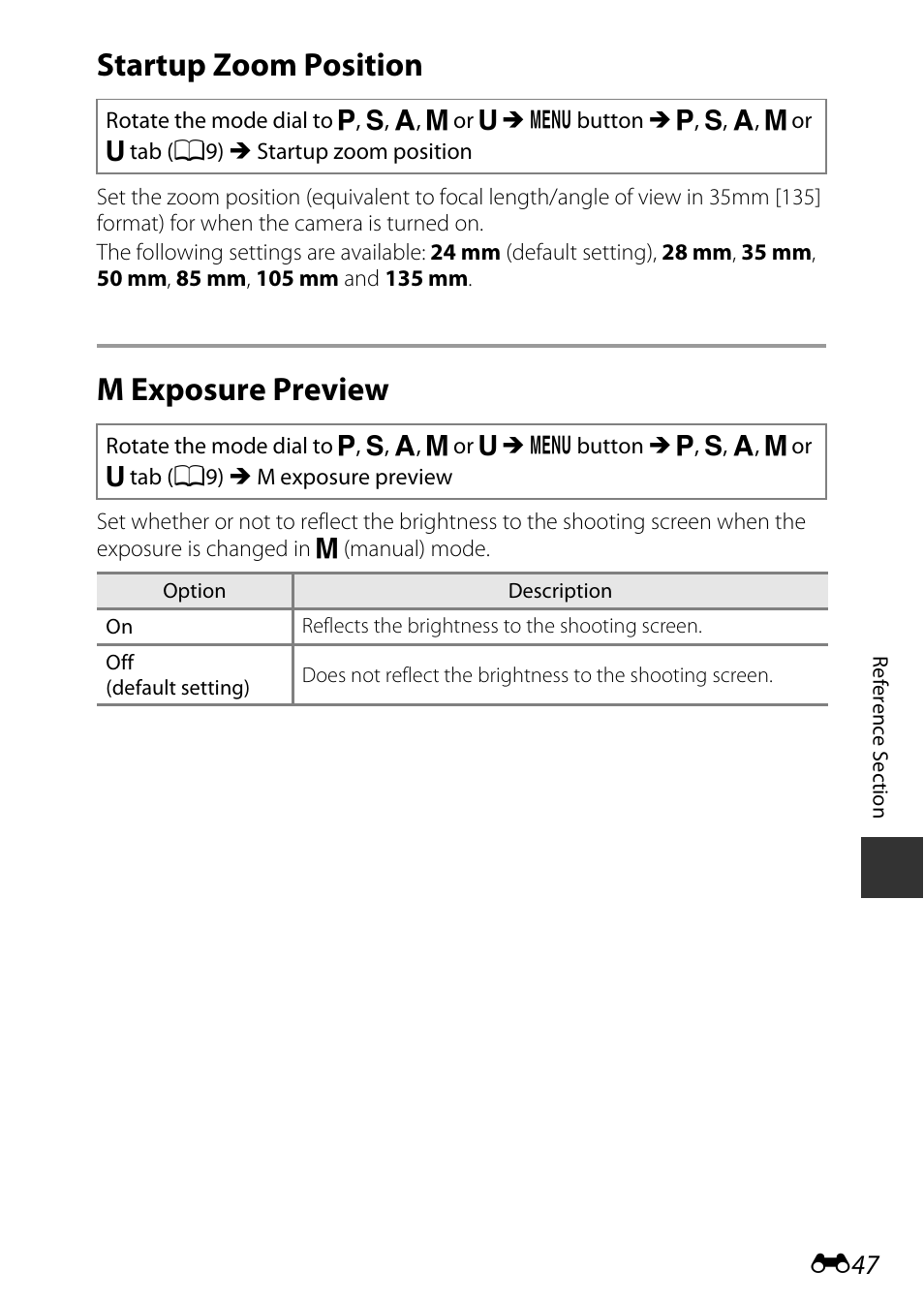 Startup zoom position, M exposure preview | Nikon P530 User Manual | Page 163 / 226