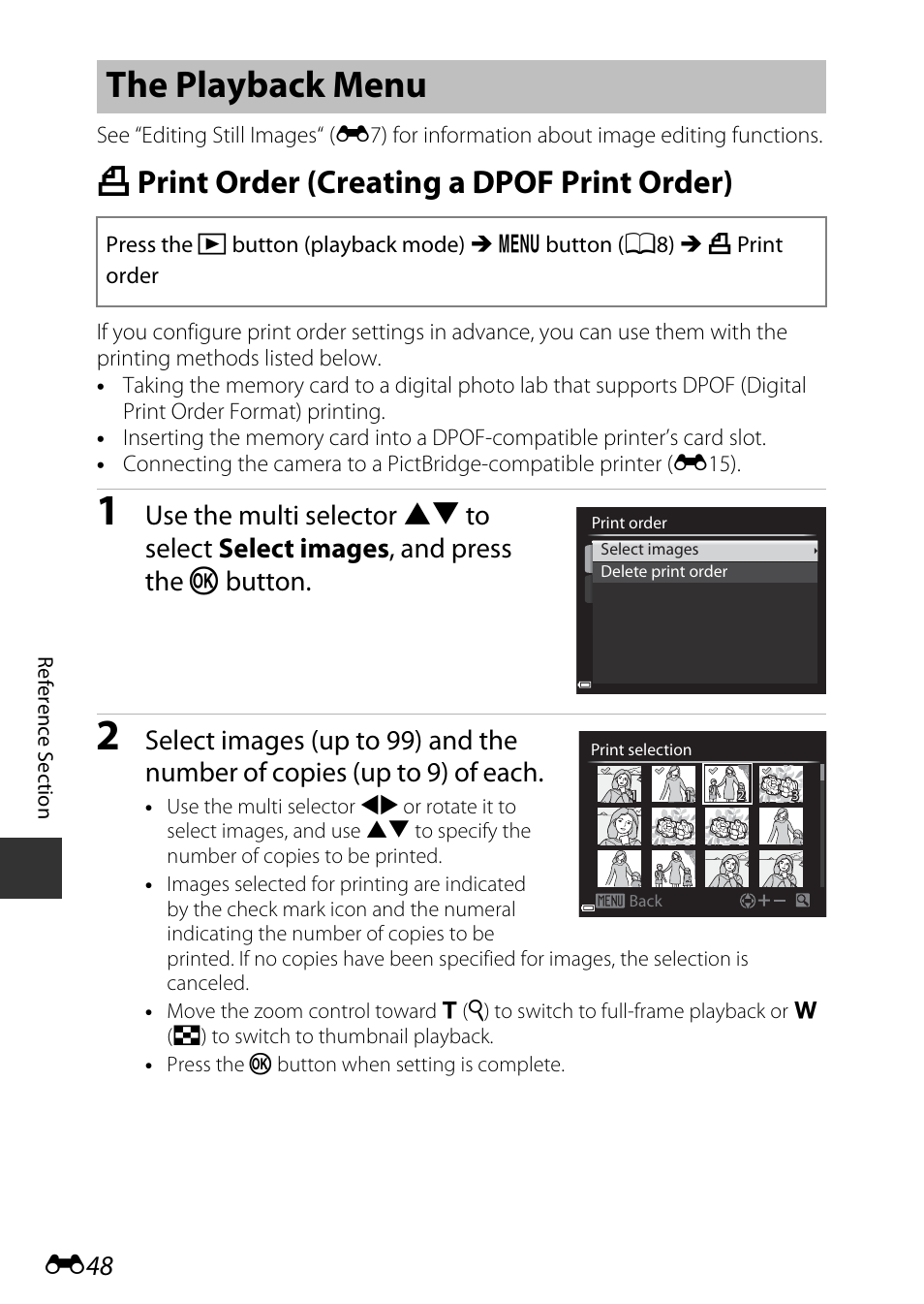 The playback menu, Print order (creating a dpof print order), A print order (creating a dpof print order) | Nikon P530 User Manual | Page 164 / 226