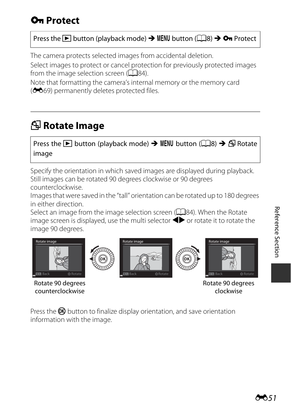 Protect, Rotate image, D protect | F rotate image, E51) | Nikon P530 User Manual | Page 167 / 226