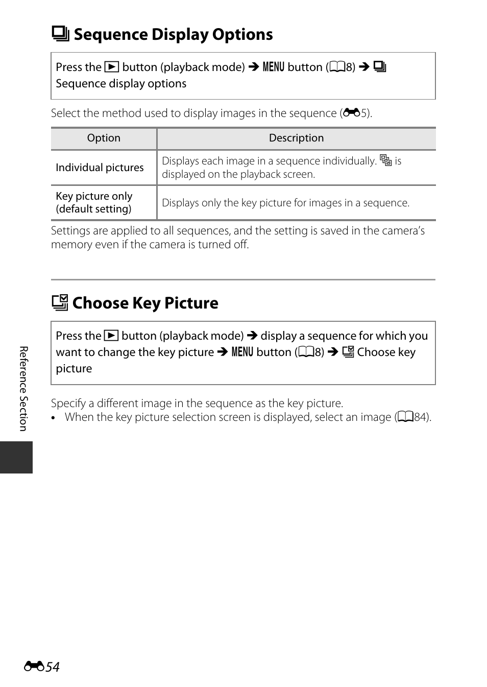 Sequence display options, Choose key picture, C sequence display options | X choose key picture | Nikon P530 User Manual | Page 170 / 226