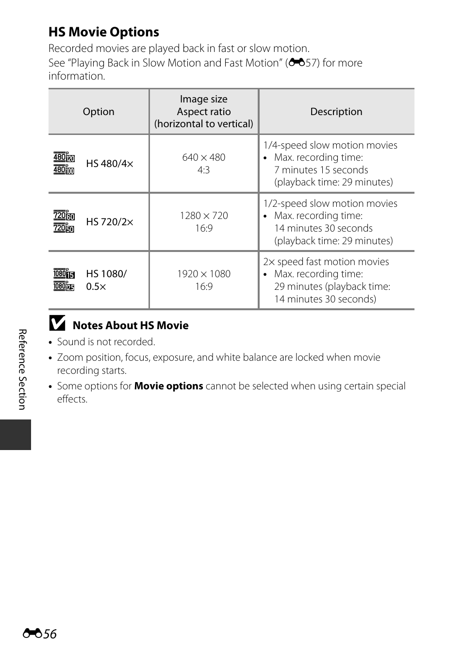 E56) t, Hs movie options | Nikon P530 User Manual | Page 172 / 226