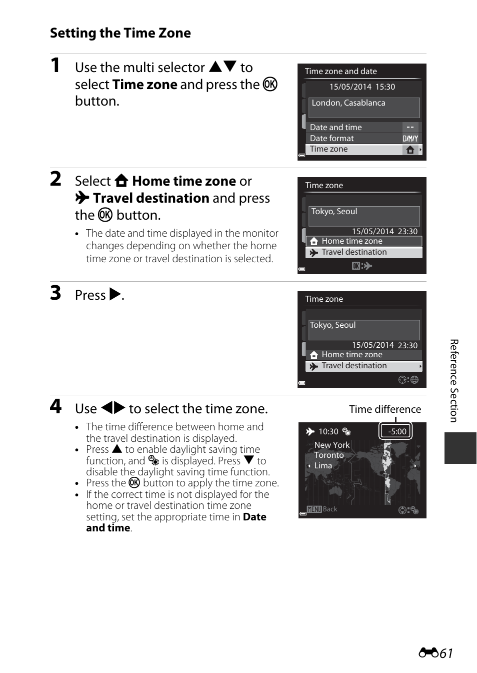 Setting the time zone, Press k, Use jk to select the time zone | Nikon P530 User Manual | Page 177 / 226