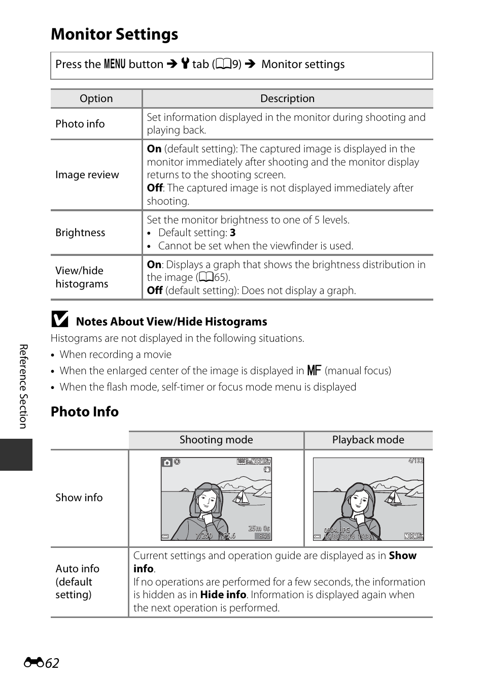 Monitor settings, Photo info | Nikon P530 User Manual | Page 178 / 226