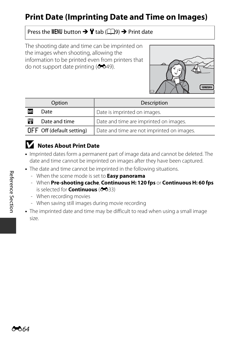 Print date (imprinting date and time on images), E64) | Nikon P530 User Manual | Page 180 / 226