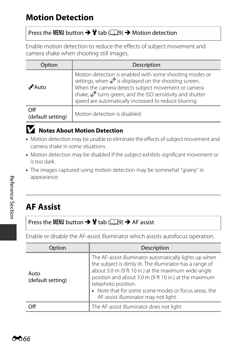 Motion detection, Af assist | Nikon P530 User Manual | Page 182 / 226