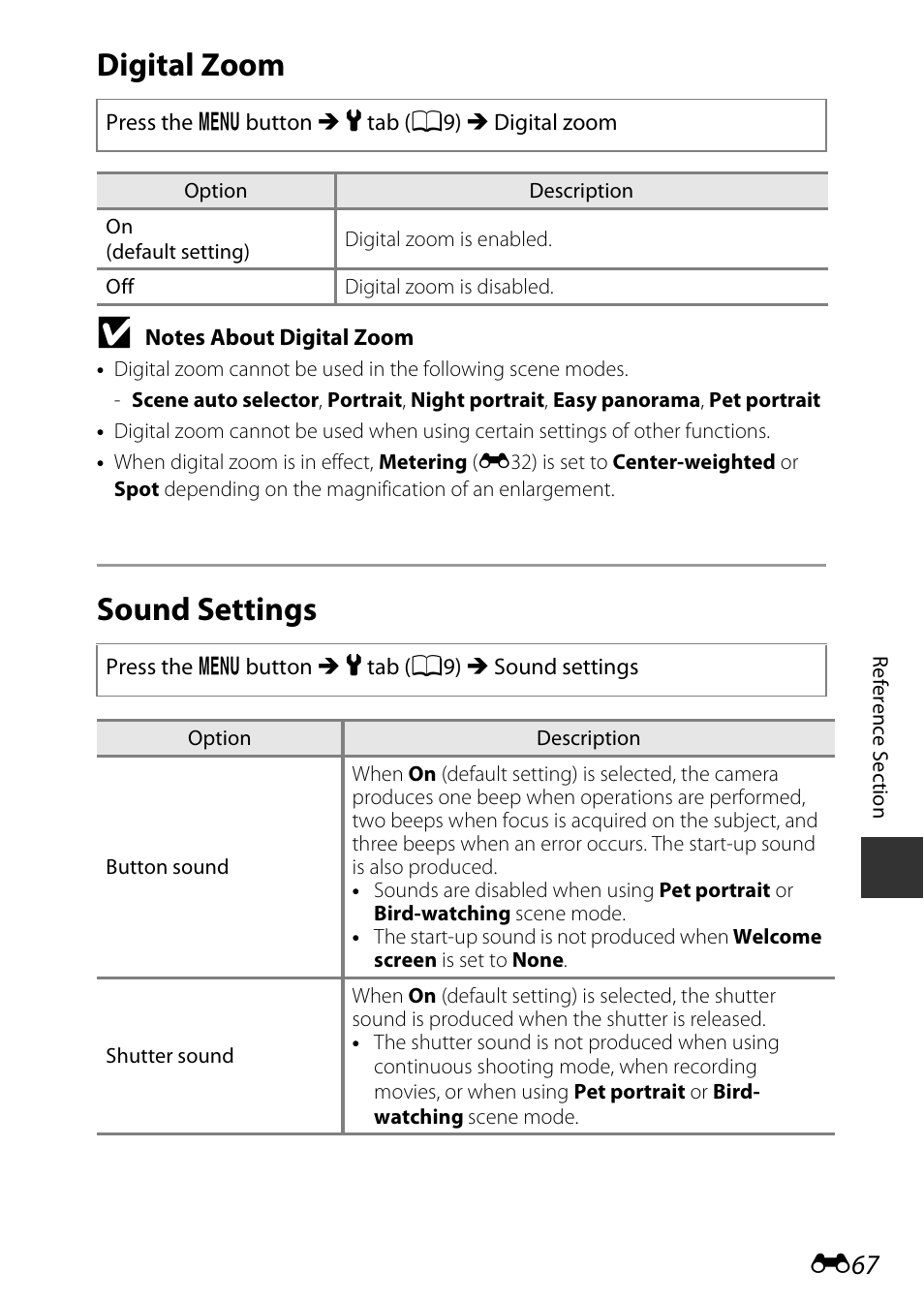 Digital zoom, Sound settings, E67) | Nikon P530 User Manual | Page 183 / 226